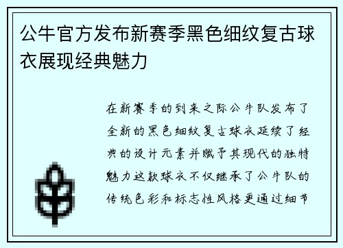 公牛官方发布新赛季黑色细纹复古球衣展现经典魅力