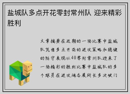 盐城队多点开花零封常州队 迎来精彩胜利