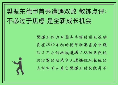 樊振东德甲首秀遭遇双败 教练点评:不必过于焦虑 是全新成长机会