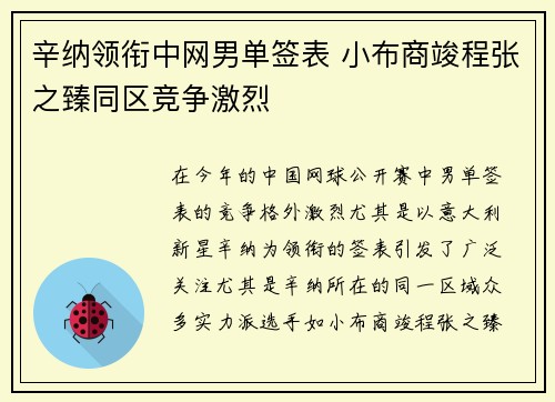 辛纳领衔中网男单签表 小布商竣程张之臻同区竞争激烈